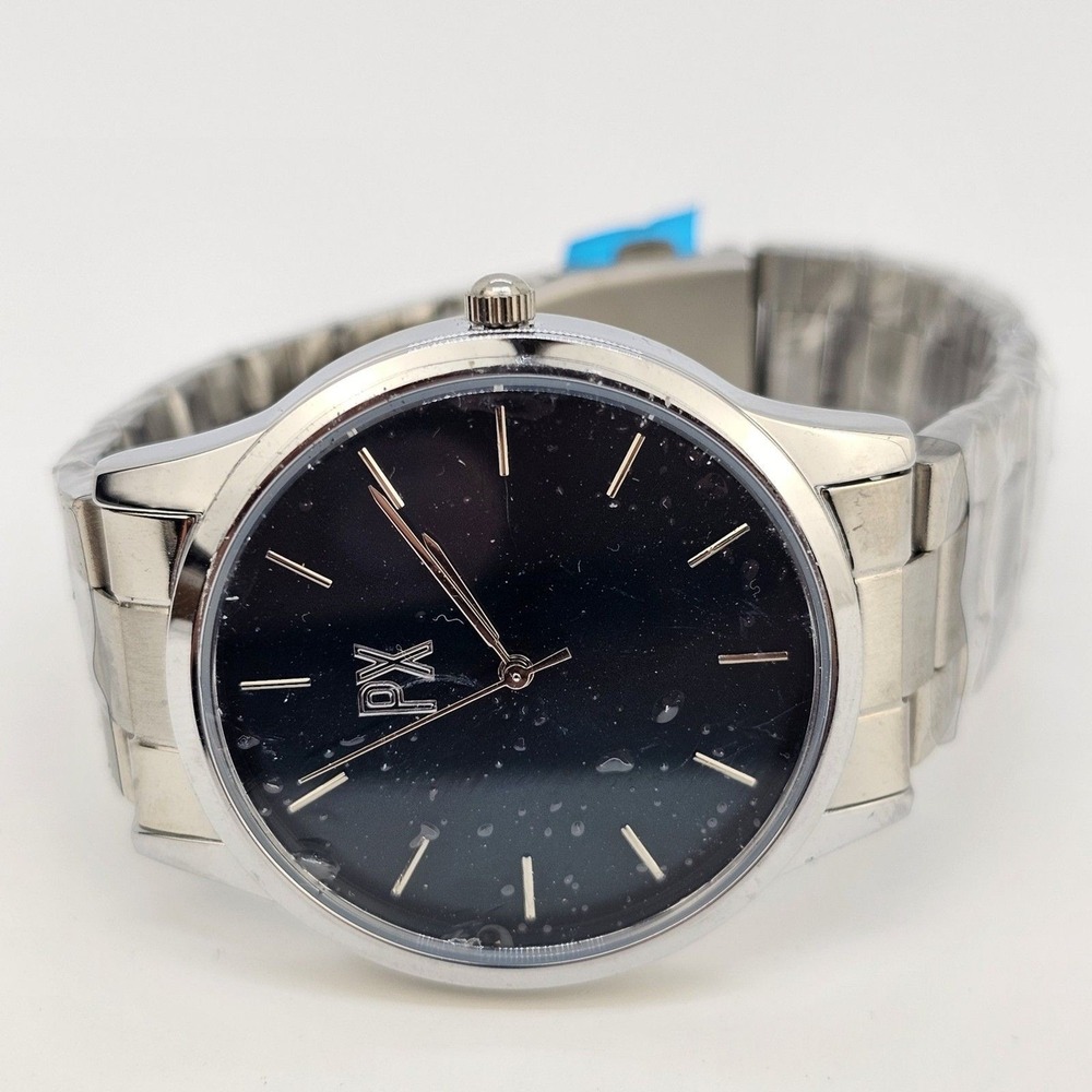 PX Men's Watch 40mm Large Gray Case Black Dial Gray Bracelet Band 7" New Battery